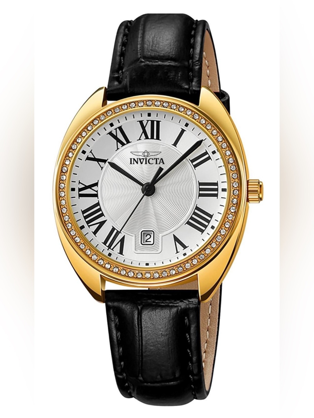 Invicta Celestial Lady 33.2mm Gold Tone Case Silver Metal Dial Leather Band